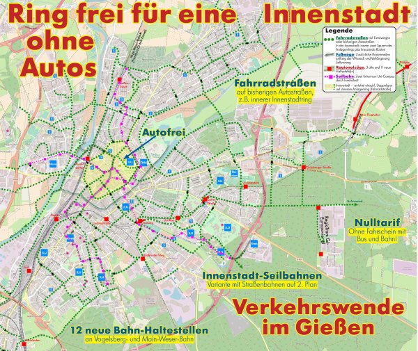 Karte mit Vorschläge zur Mobilität in Gießen bis 2025 (Variante mit Seilbahn)